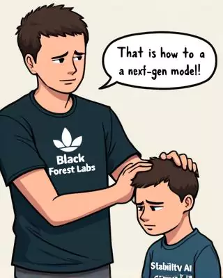 meme image with two men in it. On the left side the man is taller and is wearing a shirt that says Black Forest Labs. On the right side the other smaller scrawny man is wearing a shirt that says Stability AI and is sad. The taller man is hitting the back of the head of the small man. A caption bubble coming from the tall man reads 'That is how you do a next-gen model!'