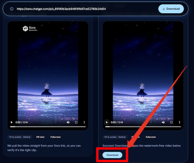 Screenshot showing the finished download state on sorawatermarkremover.ai