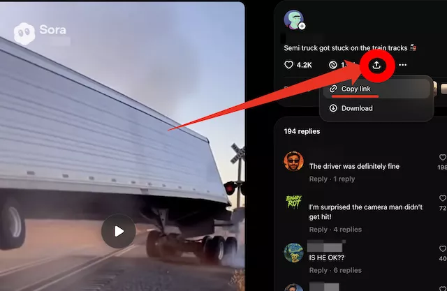Illustration showing where to copy the Sora share link on web